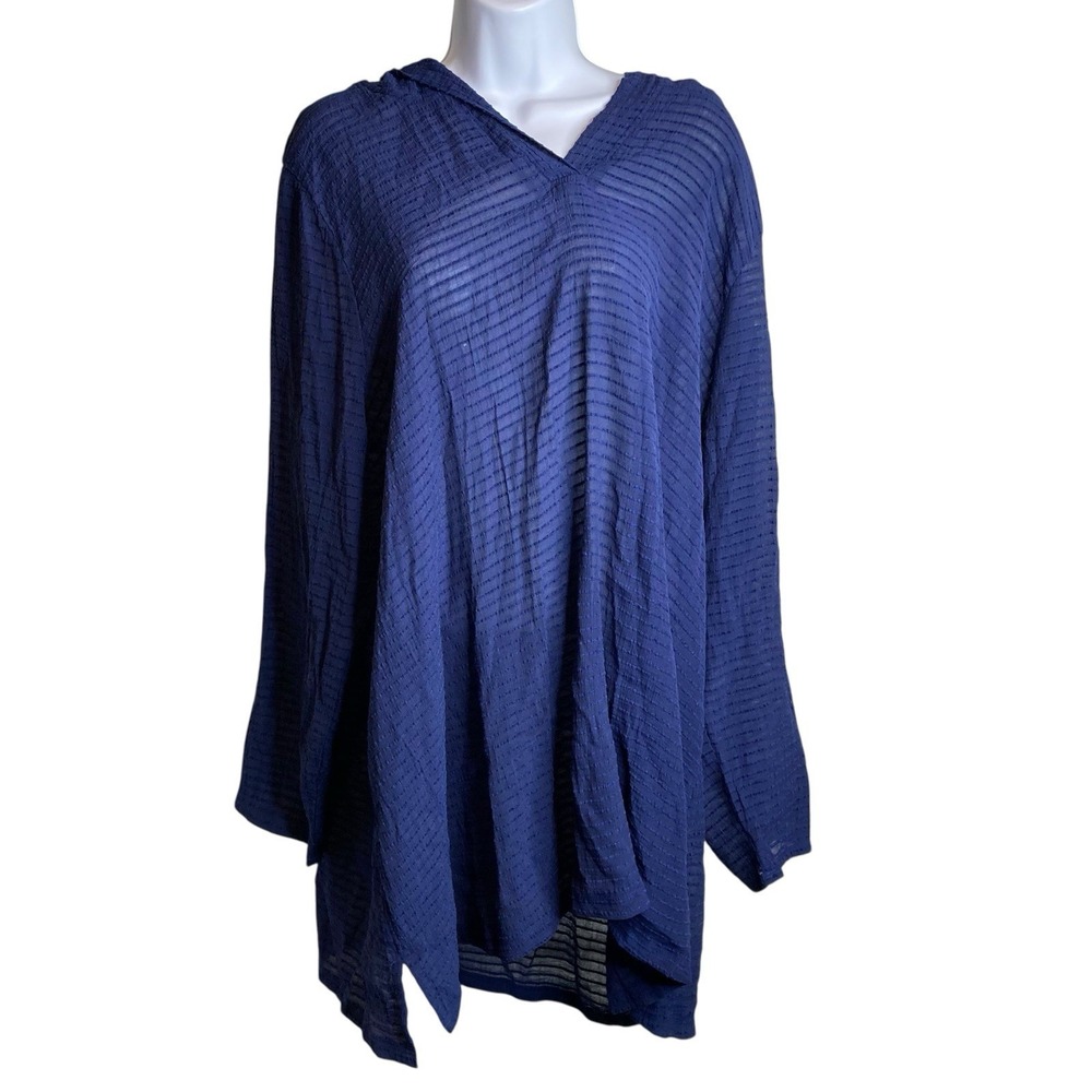 Lands End Women's Navy Blue Striped Knit Hoodie Tunic Top Sz 1X Lagenlook Comfy‎